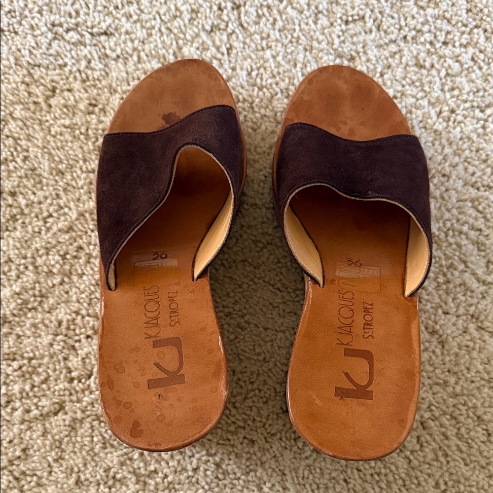 K.Jacques Brown Suede Slide Sandals with Tan Leather Footbed